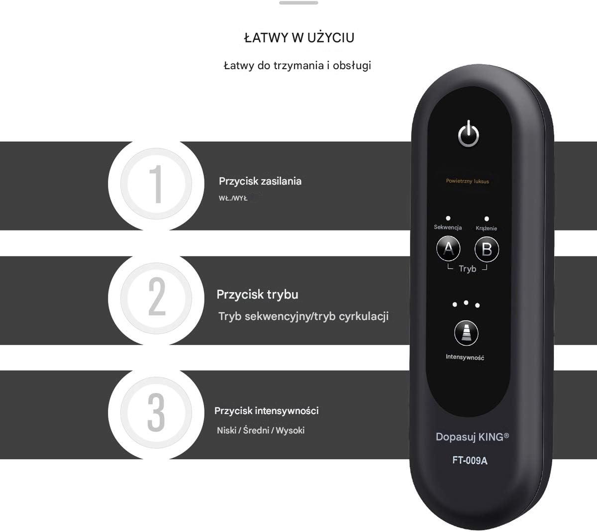 Pilot FIT KING FT-009A — przycisk zasilania, tryby sekwencja i krążenie, trzy poziomy intensywności
